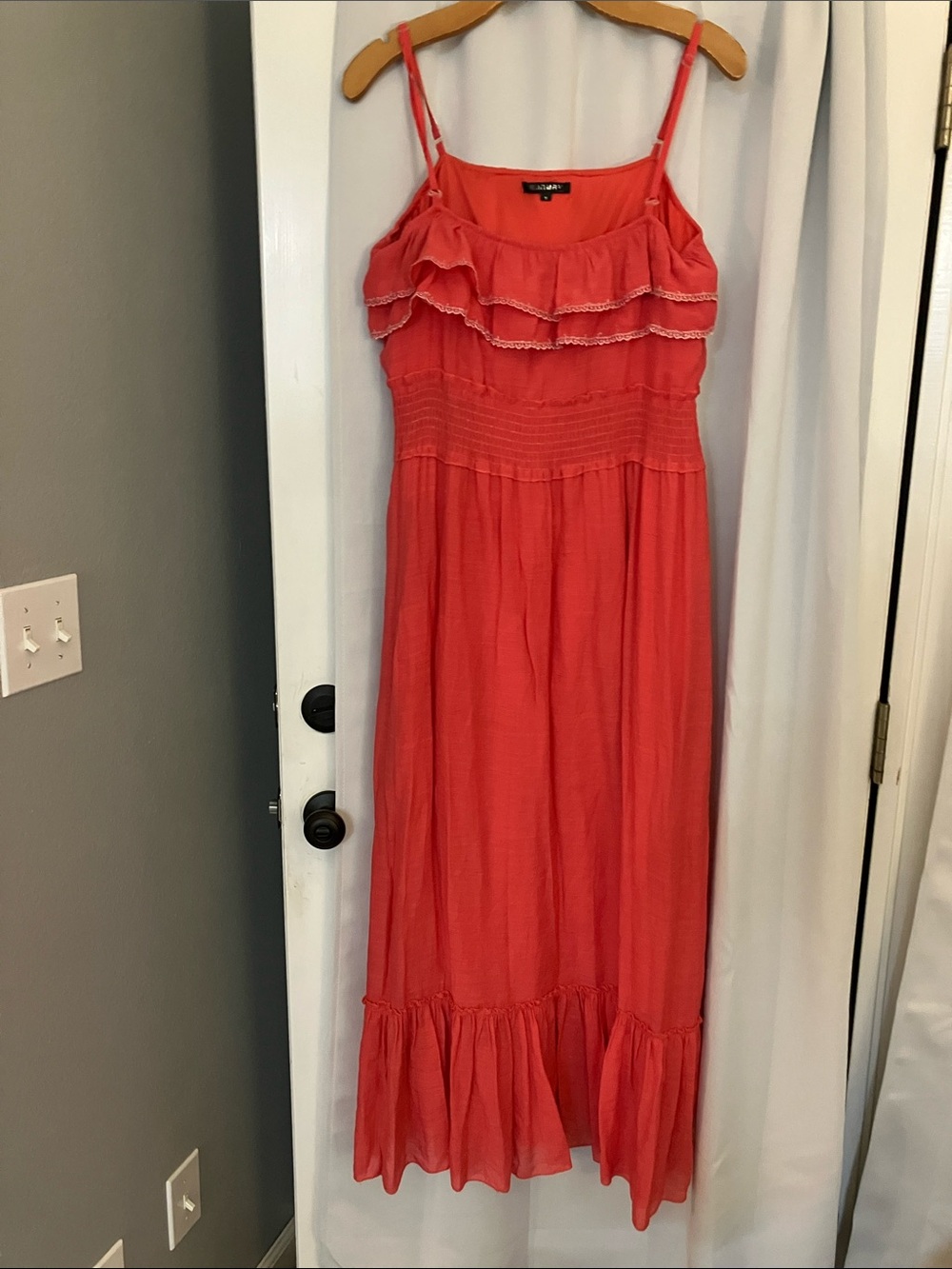 Smocked Coral Maxi Dress with Ruffle Bodice